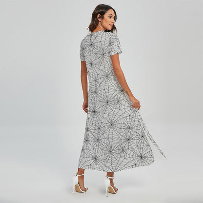 White And Black Spider Web Pattern Print Short Sleeve Maxi Dress