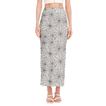 White And Black Spider Web Pattern Print Side Slit Maxi Skirt