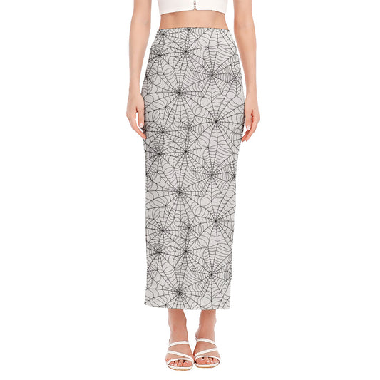 White And Black Spider Web Pattern Print Side Slit Maxi Skirt