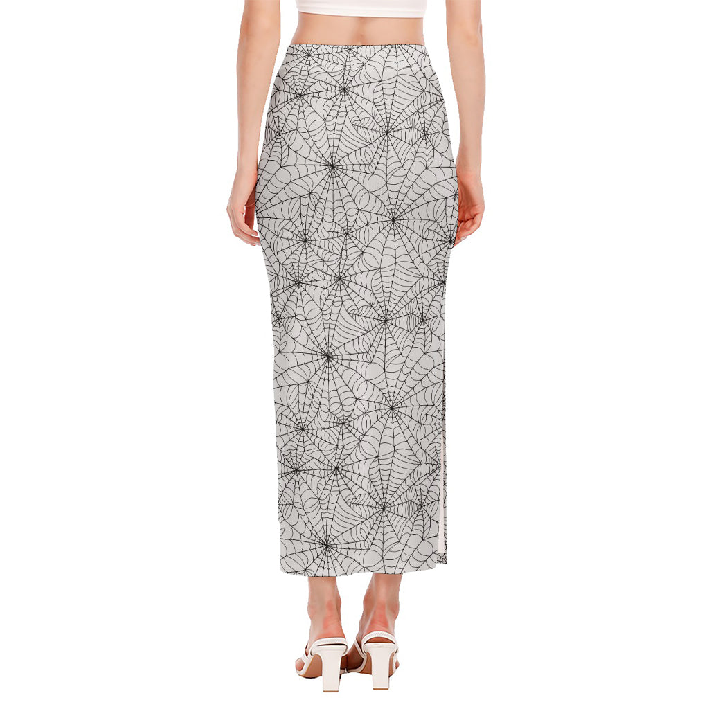 White And Black Spider Web Pattern Print Side Slit Maxi Skirt