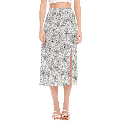 White And Black Spider Web Pattern Print Side Slit Midi Skirt
