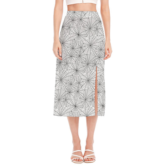 White And Black Spider Web Pattern Print Side Slit Midi Skirt