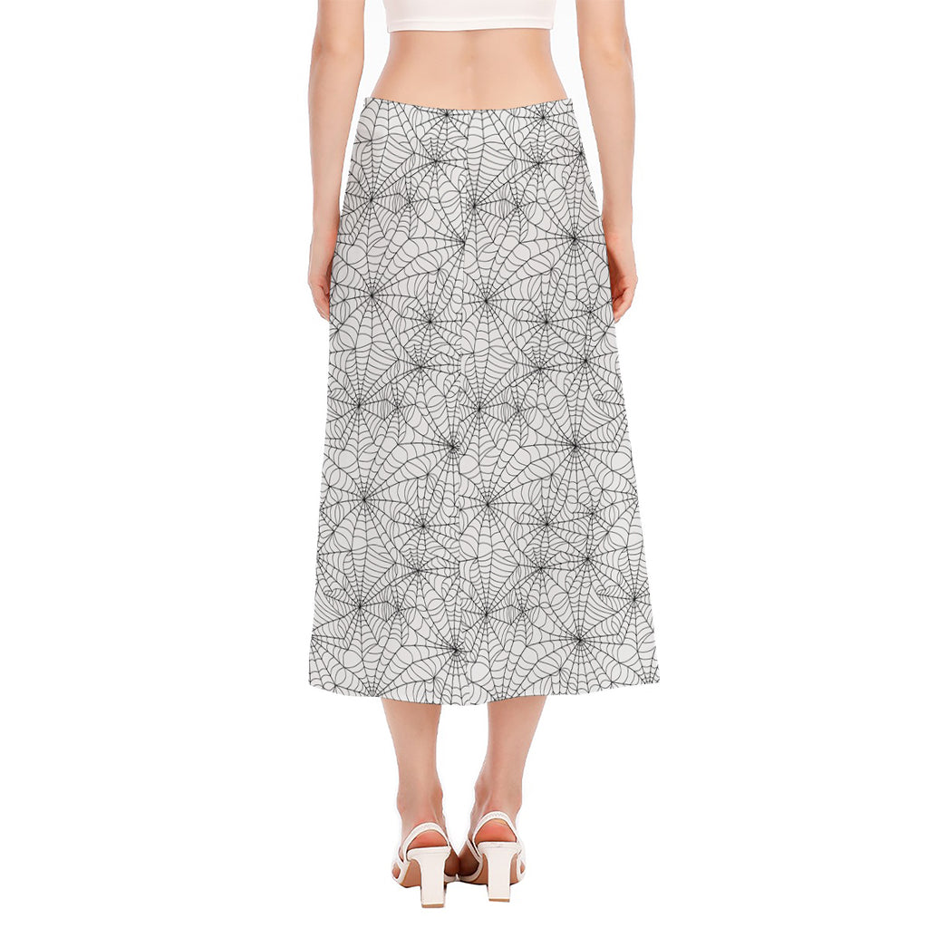 White And Black Spider Web Pattern Print Side Slit Midi Skirt