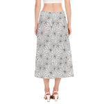 White And Black Spider Web Pattern Print Side Slit Midi Skirt