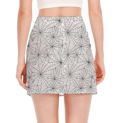 White And Black Spider Web Pattern Print Side Slit Mini Skirt