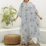 White And Black Spider Web Pattern Print Silk V-Neck Kaftan Dress