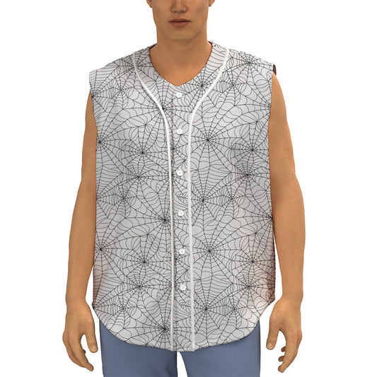 White And Black Spider Web Pattern Print Sleeveless Baseball Jersey