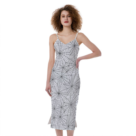 White And Black Spider Web Pattern Print Slim Fit Midi Cami Dress