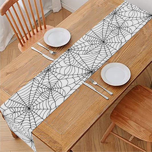 White And Black Spider Web Pattern Print Table Runner