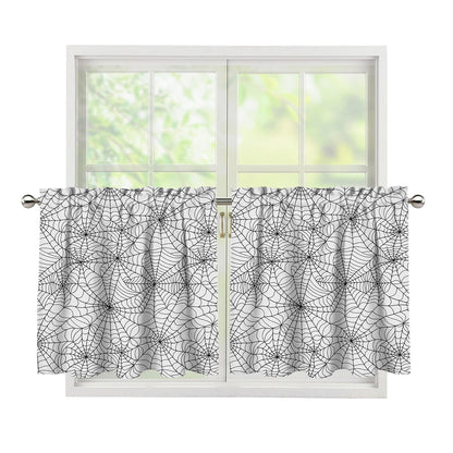 White And Black Spider Web Pattern Print Tier Curtains