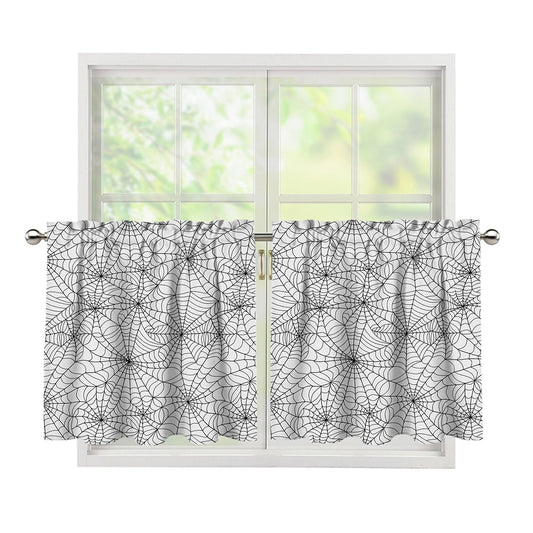 White And Black Spider Web Pattern Print Tier Curtains