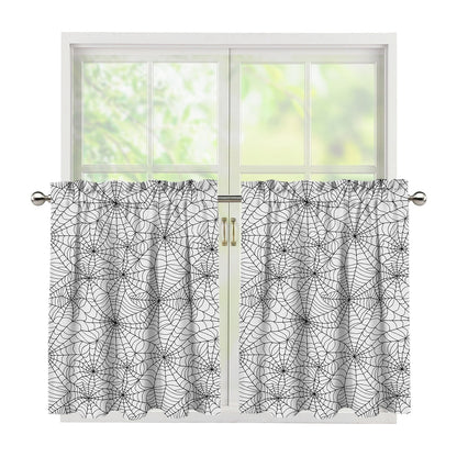White And Black Spider Web Pattern Print Tier Curtains