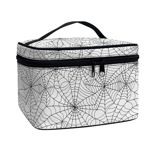 White And Black Spider Web Pattern Print Travel Makeup Bag