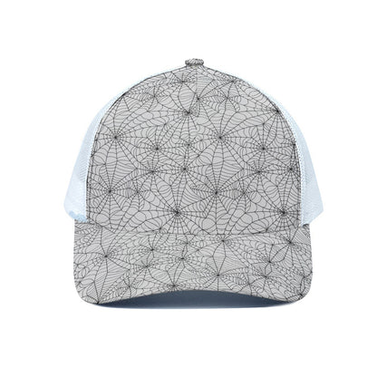 White And Black Spider Web Pattern Print White Mesh Trucker Cap