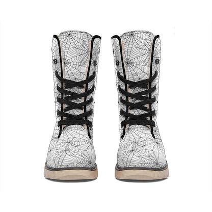 White And Black Spider Web Pattern Print Winter Boots