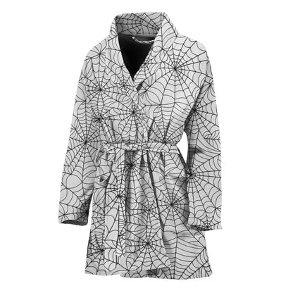White And Black Spider Web Pattern Print Women's Bathrobe