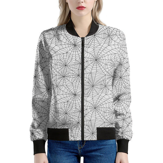 White And Black Spider Web Pattern Print Women's Bomber Jacket