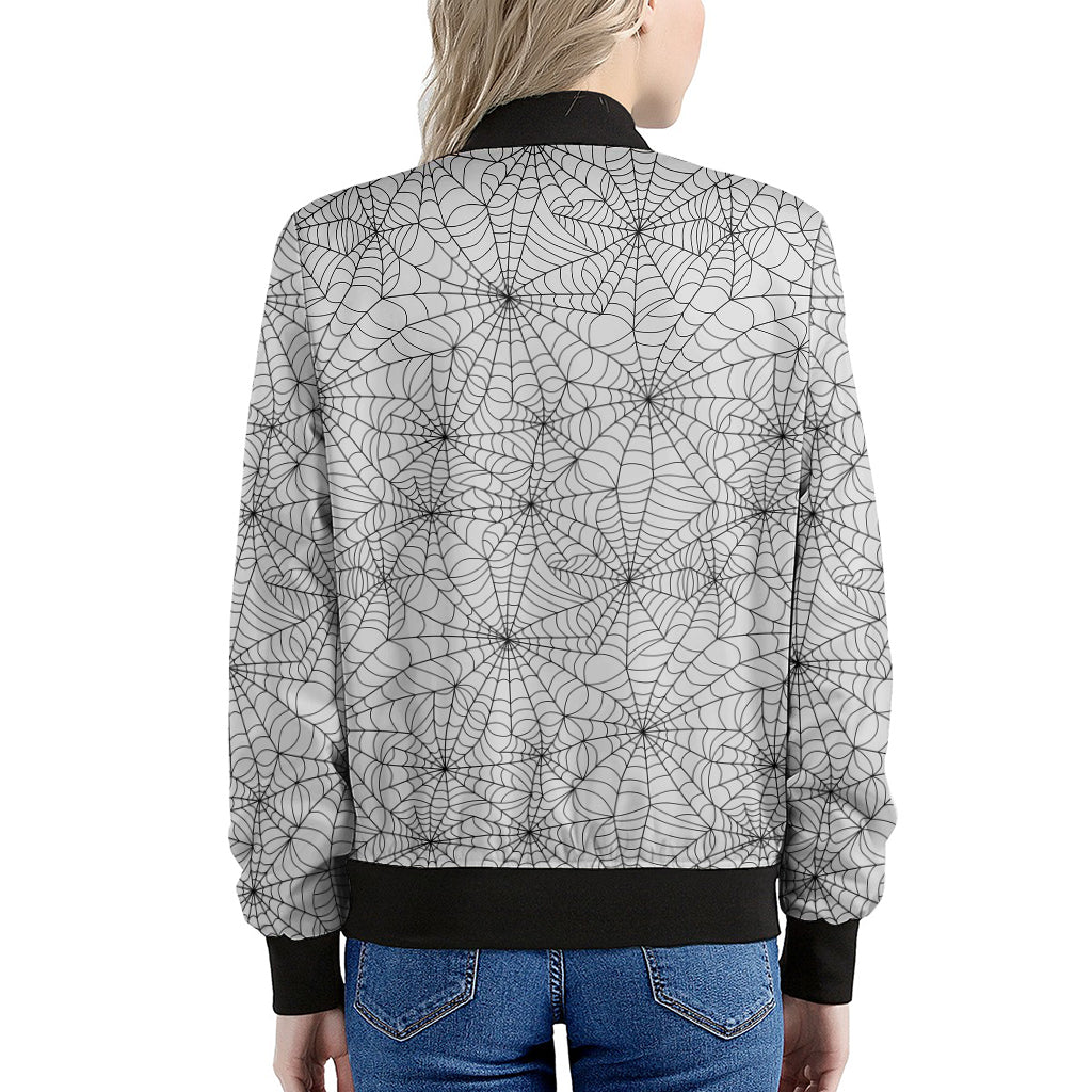 White And Black Spider Web Pattern Print Women's Bomber Jacket