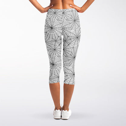 White And Black Spider Web Pattern Print Women's Capri Leggings