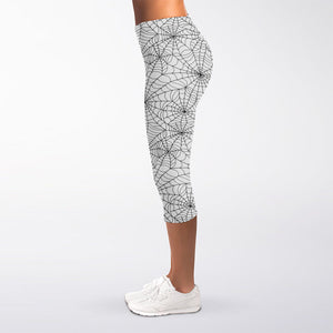 White And Black Spider Web Pattern Print Women's Capri Leggings