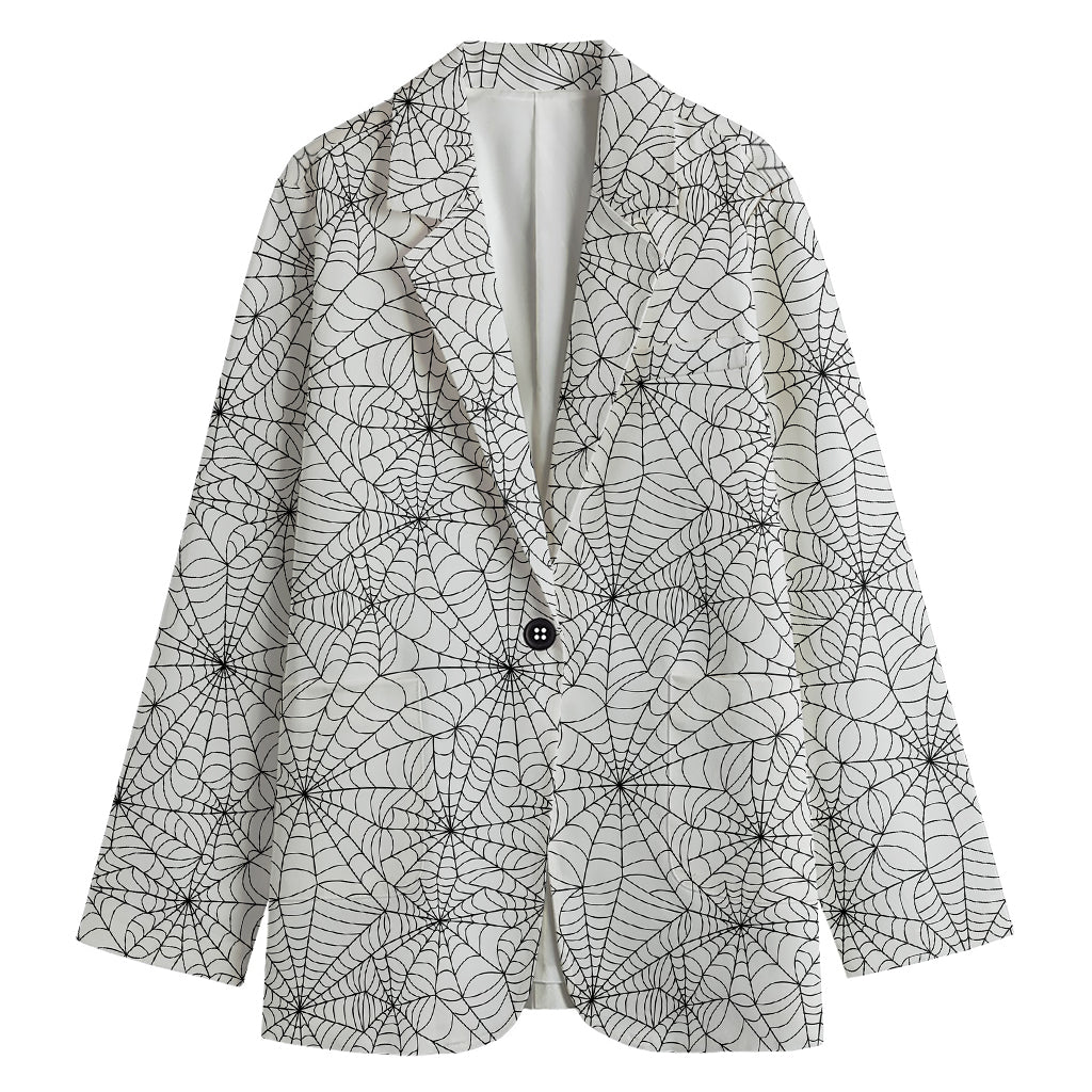 White And Black Spider Web Pattern Print Women's Cotton Blazer