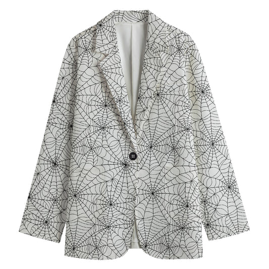 White And Black Spider Web Pattern Print Women's Cotton Blazer