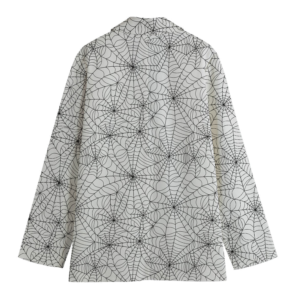 White And Black Spider Web Pattern Print Women's Cotton Blazer