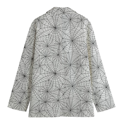 White And Black Spider Web Pattern Print Women's Cotton Blazer
