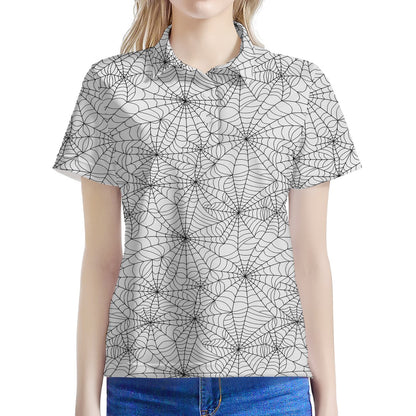 White And Black Spider Web Pattern Print Women's Polo Shirt