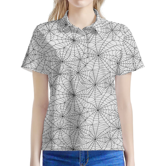 White And Black Spider Web Pattern Print Women's Polo Shirt
