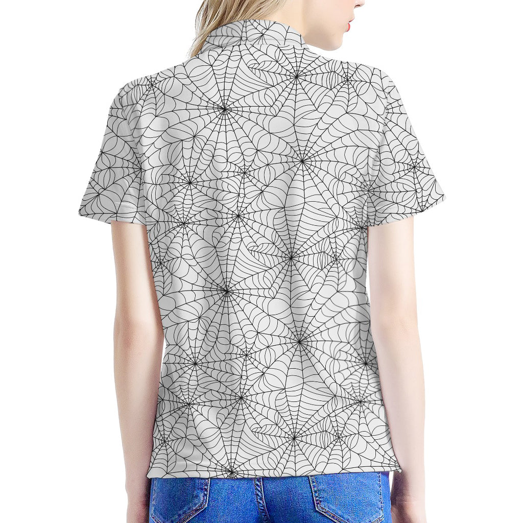 White And Black Spider Web Pattern Print Women's Polo Shirt