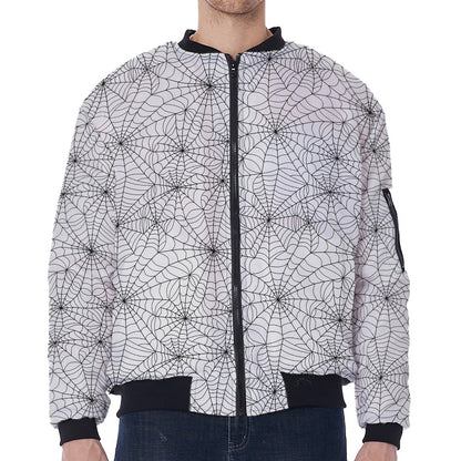 White And Black Spider Web Pattern Print Zip Sleeve Bomber Jacket