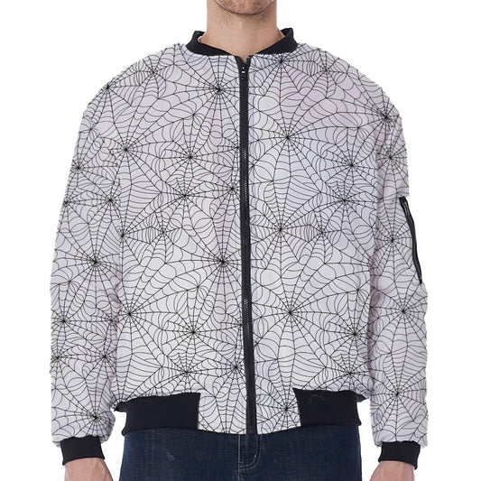 White And Black Spider Web Pattern Print Zip Sleeve Bomber Jacket