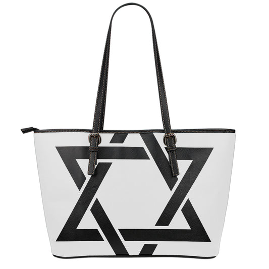 White And Black Star of David Print Leather Tote Bag