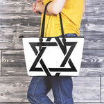 White And Black Star of David Print Leather Tote Bag