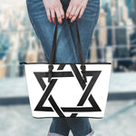 White And Black Star of David Print Leather Tote Bag