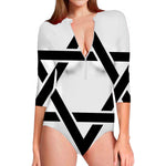 White And Black Star of David Print Long Sleeve Swimsuit