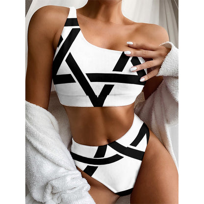 White And Black Star of David Print One Shoulder Bikini Top