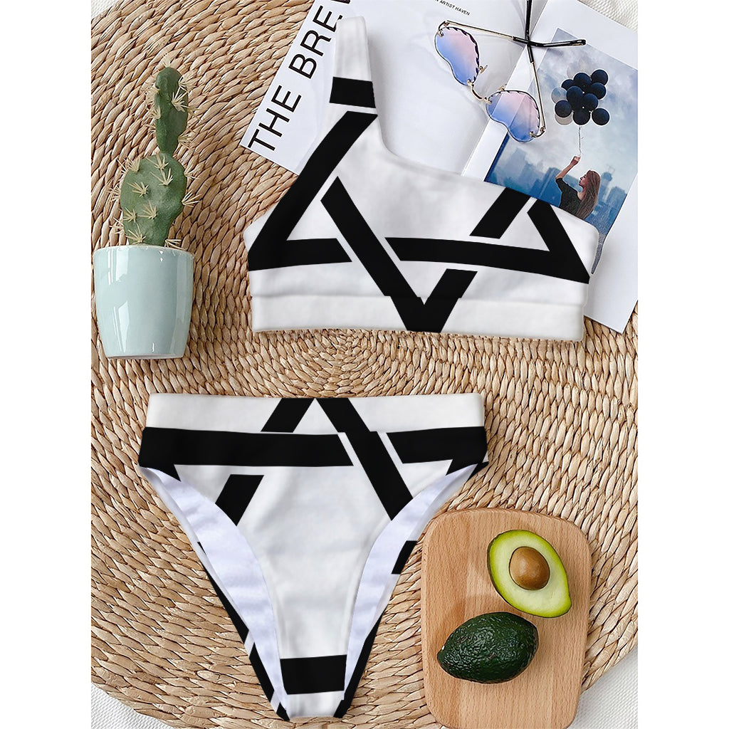 White And Black Star of David Print One Shoulder Bikini Top