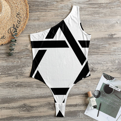 White And Black Star of David Print One Shoulder Bodysuit