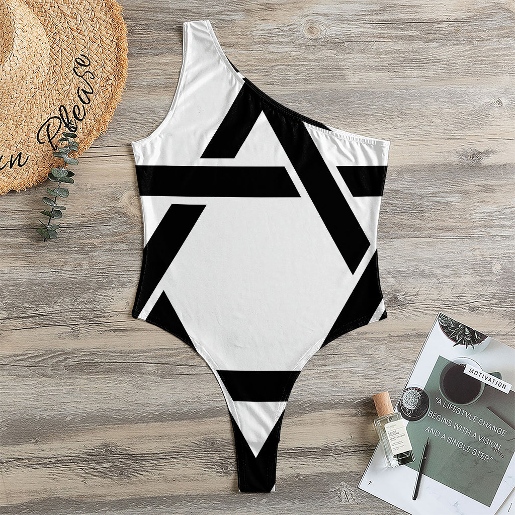 White And Black Star of David Print One Shoulder Bodysuit