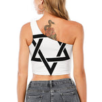 White And Black Star of David Print One Shoulder Crop Top