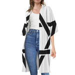 White And Black Star of David Print Open Front Beach Cover Up