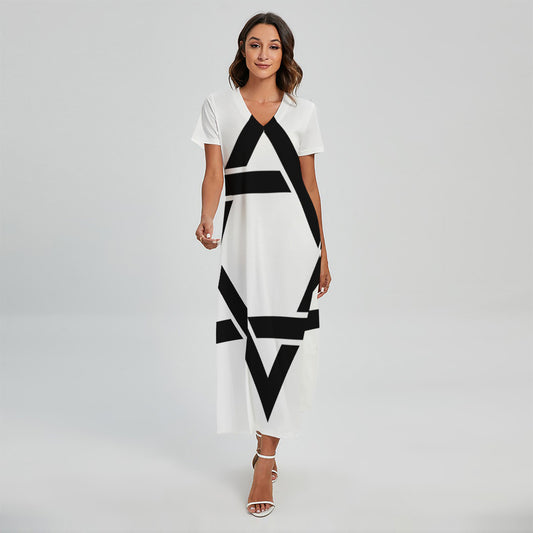 White And Black Star of David Print Short Sleeve Maxi Dress