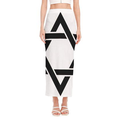 White And Black Star of David Print Side Slit Maxi Skirt