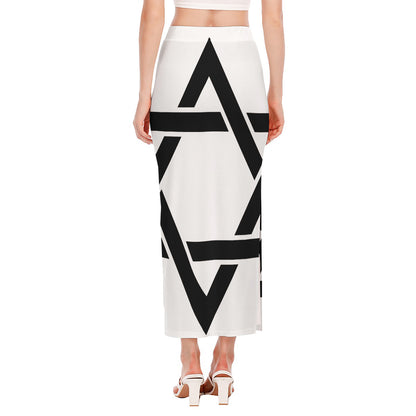 White And Black Star of David Print Side Slit Maxi Skirt