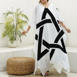 White And Black Star of David Print Silk V-Neck Kaftan Dress