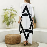 White And Black Star of David Print Silk V-Neck Kaftan Dress