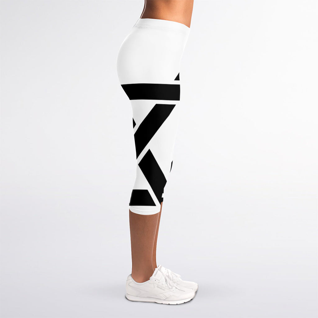 White And Black Star of David Print Women's Capri Leggings
