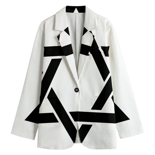 White And Black Star of David Print Women's Cotton Blazer